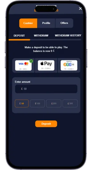 Deposit screen with payment options