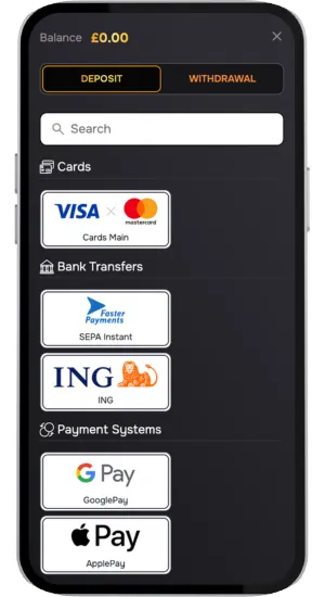 Deposit screen with payment options