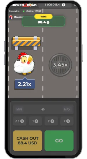 Kura przechodząca przez drogę z samochodami w Chicken Road 2